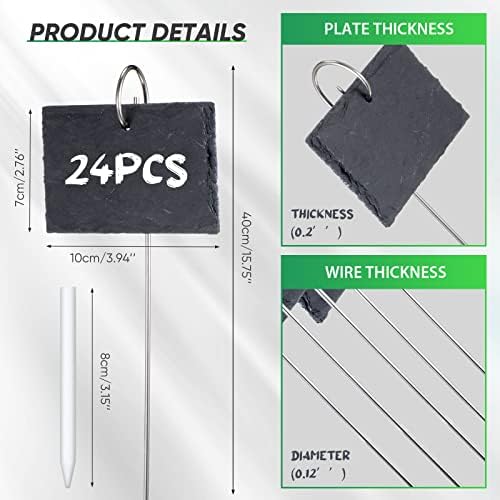 Leifide 24 Sets Plant Labels, Reusable Slate Plant Markers Natural Weatherproof Garden Signs Waterproof Hanging Slate Planter Tags with Metal Stakes and Stone Chalks for Vegetable Flower Pot - Image 2
