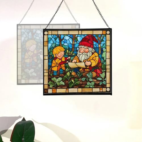 Gnome with Garden Planning Stained Glass Suncatcher – Square Hanging Window Panel for Home, Garden, Nursery, Halloween, Christmas, Memorial Day – Whimsical Glass Art Gift for Gnome Lovers iw0wde - Image 4