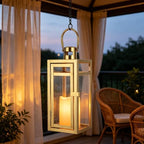 TRIROCKS Stainless Steel Decorative Lantern 12'' High Metal Candle Holder Outdoor Candle Lantern with Tempered Glass for Home Decor Living Room Parties Events Tabletop Wedding Indoor Outdoor (Gold) - Image 2