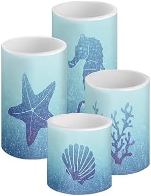 GLENLCWE Blue Sea Horse Starfish Shell Coral Flameless LED Candles with Timer &Remote,4Pcs Flickering Pillar Candles Battery Operated&Color Changing by GLENLCWE