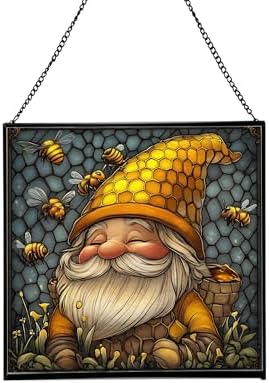 Bee Keeper Gnome Stained Glass Suncatcher – Square Hanging Window Panel for Home or Greenhouse – Whimsical Glass Art Gift for Garden Lovers, Christmas, Halloween, Father Days 1iRWQX by Custom