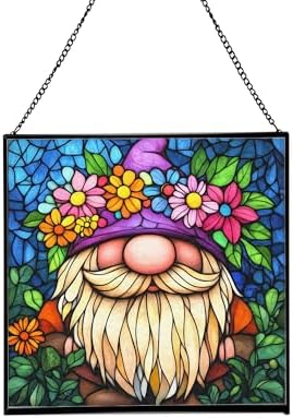 Gnome with Flower Crown Stained Glass Suncatcher – Square Hanging Window Panel for Home or Greenhouse – Whimsical Glass Art Gift for Garden Lovers, Christmas, Halloween, Father Days 1fhnsj by Custom