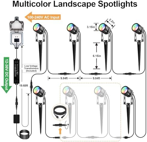 Outdoor Landscape Lighting, 6 Pack RGB Outdoor Spot Lights with Transformers and Remote, 12V Low Voltage Color Changing Landscape Lights IP65 Waterproof Plug in Outdoor Uplights for Yard House Tree - Image 5