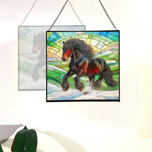 Black Icelandic Horse Climbing Snowy Slope Square Suncatcher – Stained Glass Style Window Panel with Pastoral Scene, Custom Decorative Hanging Art for Equestrian Home, Christmas AU2nfq - Image 4