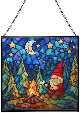 Camping Gnome Delight Stained Glass Suncatcher – Square Hanging Window Panel for Home or Greenhouse – Whimsical Glass Art Gift for Garden Lovers, Christmas, Halloween, Father Days PbwBv7 by Custom