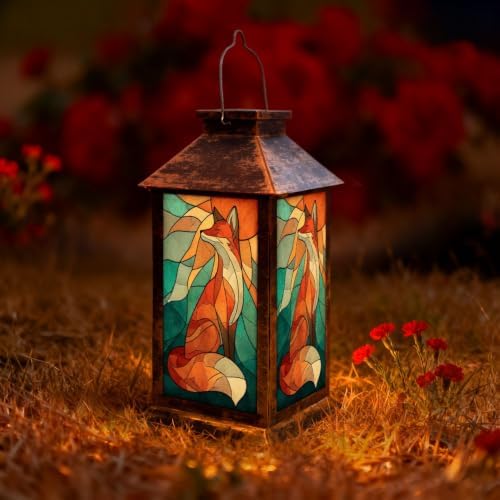 Solar Lantern Mid Century Stained Glass Fox Outdoor Waterproof Garden Hanging Lantern Solar Powered Lighting Outside Solar Light for Patio Yard Camping, Gifts for Women Mom by Unknown