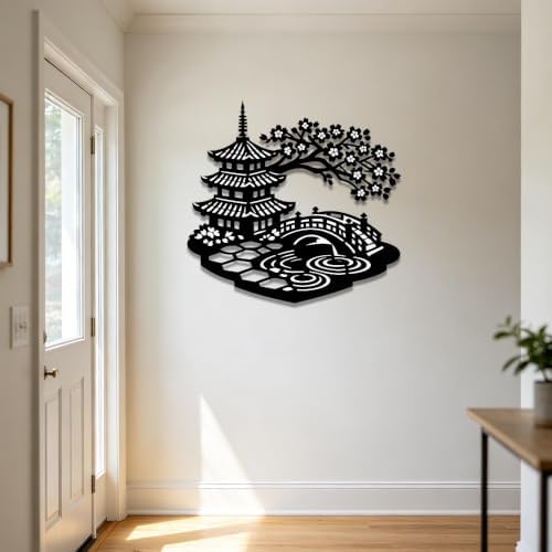 Japanese Pagoda Metal Wall Art Cherry Blossom Bridge Sculpture Zen Garden Decor for Living Room Bedroom Patio Indoor Outdoor Plaque (24 INCH) - Image 4