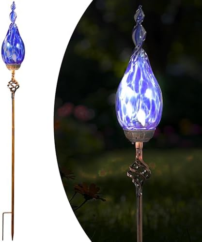 Solar Garden Lights Outdoor, Decorative LED Flame Garden Stakes, Hand Blown Glass and Outdoor Waterproof Glass Stakes (Dark Blue) - Image 2