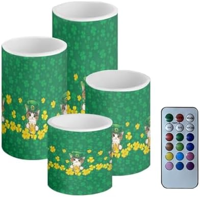 5.7" x 3" Battery Operated Candles with Timer 4Pcs Cat Flameless LED Candles Bulk with Remote Shamrocks Electric Fake Plastic Pillar Lights Bulk for St Paddy's Day by Merkmak