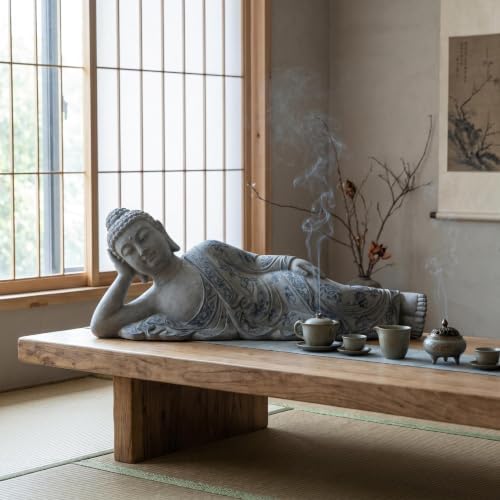 29" Reclining Buddha Statue, Vintage Blue Porcelain Pattern Resin Buddha Sculpture, Zen Meditation Decor Figurine for Asian Home, Tea Room, Bedroom, Altar Table & Indoor Display - Image 5