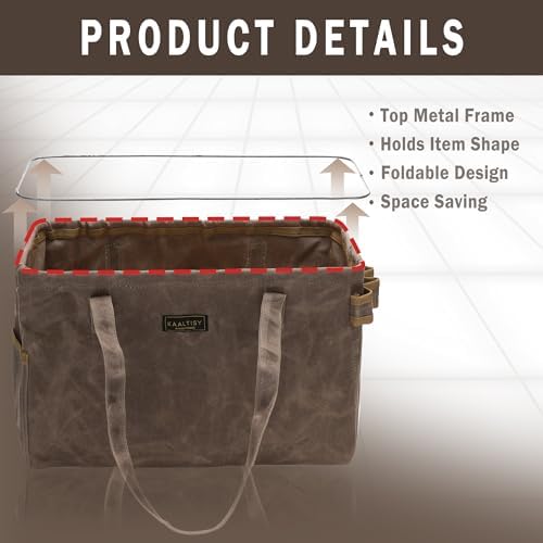 Tool Bag, Foldable Rectangular Hand Tool Storage Bag, 16OZ Waxed Canvas Tool Bag Case - with External Pockets + Sturdy Handles + Top Metal Bar - for Carpenter Repairman Gardener | Grey | 15"Lx7"Wx10"H - Image 4