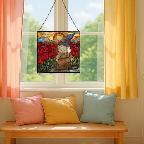 Gnome with Poppy Field Stained Glass Suncatcher – Square Hanging Window Panel for Home or Greenhouse – Whimsical Glass Art Gift for Garden Lovers, Christmas, Halloween, Father Days hLqq7K - Image 5