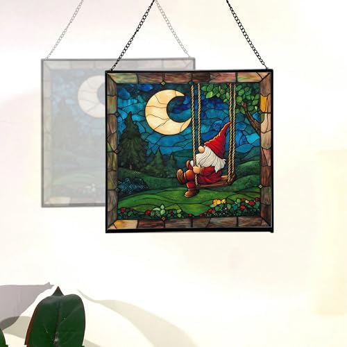 Moon Swinging Gnome Stained Glass Suncatcher – Square Hanging Window Panel for Home or Greenhouse – Whimsical Glass Art Gift for Garden Lovers, Christmas, Halloween, Father Days ngKsmH - Image 4