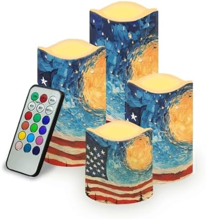 American Falg Pattern Flameless Candles LED Pillar Candles Battery Operated Candles with Remote and Timers Color Changing Electric Fake Plastic Candles Living Room Home Table Decor Set of 4 by Uorisanigo