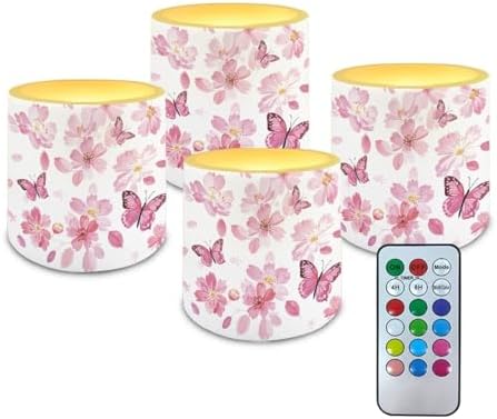 Flameless Candles Set of 4 Battery Powered LED Pillar Candle Tealights 3 x 3 Inches Home Decoration Remote for Wedding Beach Party Decor Butterfly Cherry Blossom Pink Pattern by Unknown