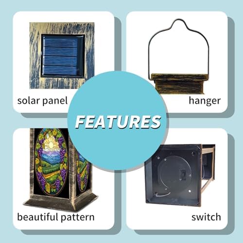 Solar Lantern Stained Glass Window Grapevines Purple Grapes Scenic Vineyard Outdoor Waterproof Garden Hanging Lantern Solar Powered Lighting Outside Table Lamp for Patio Deck Camping 1 Pack - Image 4