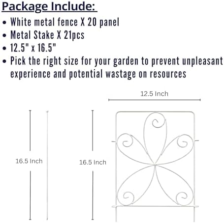 ShopLaLa Garden Fence (20 Panels) 12.5in(L) x 16.5in(H) Animal Barrier Fencing for Dogs, Rustproof White Metal Wire Fencing, Decorative Floral Flower Bed Edging Landscape Lawn Yard Patio Outdoor Decor - Image 2