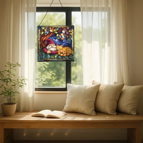 Gnome and Cat Nap Stained Glass Suncatcher – Square Hanging Window Panel for Home or Greenhouse – Whimsical Glass Art Gift for Garden Lovers, Christmas, Halloween, Father Days YLlkJi - Image 7