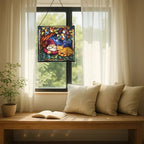 Gnome and Cat Nap Stained Glass Suncatcher – Square Hanging Window Panel for Home or Greenhouse – Whimsical Glass Art Gift for Garden Lovers, Christmas, Halloween, Father Days YLlkJi - Image 7