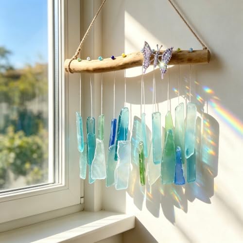 Handcrafted Driftwood Sea Glass Butterfly Wind Chime, Sea Glass Sun Catcher - Image 6