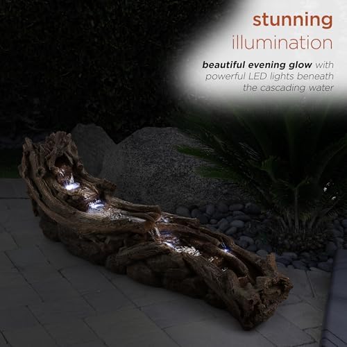 Alpine Corporation 80" Long Indoor/Outdoor Wood River Log Water Fountain with LED Lights, Cascading Natural Water Feature for Gardens, Patios, Yards, and Outdoor Decor, Brown and Gray - Image 4