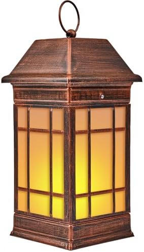15.5" Solar Lantern Outdoor Waterproof, Glass Flickering Flame Solar Lanterns, Hanging Metal Lantern Decorative for Patio Front Porch Garden Backyard Tabletop Party Decoration by anyperfect