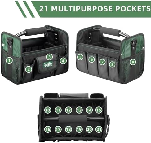 11 Inch Small Tool Bag, Open Top Tool Tote with Stainless Steel Handle and Adjustable Shoulder Strap,21 Pockets Electrician Tool Bags,Black/Green - Image 4