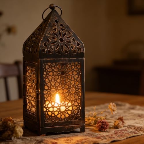 Bronze Moroccan Candle Lantern, Metal Hanging Candle Holder with Hollow Pattern, European Style Vintage Decorative Centerpiece with Top Handle, Circular Ring for Weddings, Parties, Home Decor - Image 6