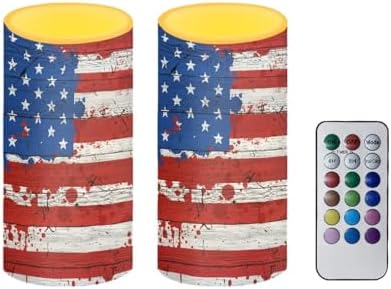 Painting American Flag Print Flameless Candles LED Set of 2 Pillar Battery Operated Candles Dancing LED Flame with 18-Key Remote Control Timer Decor for Independence Day by Merkmak