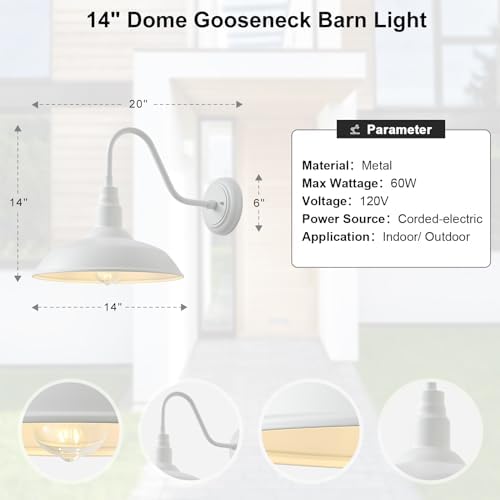 14 Inch Dome Outdoor Gooseneck Barn Light Fixture for Farmhouse, White Exterior Goose Neck Wall Mount Lights for Porch, Barn Style Wall Sconce Lighting for Patio, Garage - Image 7