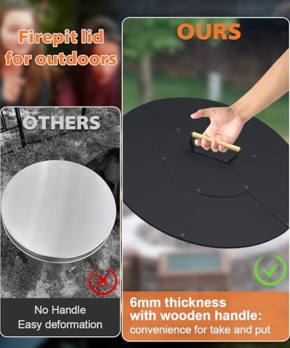 24" Wooden-Handle Fire Pit Lid for Pits up to 22", Round Metal Bonfire Pit Burner Pan Cover, Smokeless Fire Pit Cover for Fire Tables, All-Weather Resistance Outdoor Firepit Accessory - Image 5