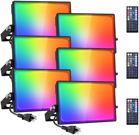Onforu 6 Pack RGB LED Flood Light Outdoor, 70W Color Changing Uplights with Remote, 2700K Warm White IP66 Stage Lighting, Landscape Floor Spotlights Indoor, Uplighting Indoor Floor Light for Christmas by Onforu