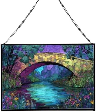 Rainbow Bridge Over Meadow Stream Rectangular Stained Glass Suncatcher – Hanging Window Panel with Animal & Nature Scene – Vibrant Glass Art Gift for Wildlife, Fantasy, Nature Lovers AiKrXc by Custom