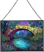 Rainbow Bridge Over Meadow Stream Rectangular Stained Glass Suncatcher – Hanging Window Panel with Animal & Nature Scene – Vibrant Glass Art Gift for Wildlife, Fantasy, Nature Lovers AiKrXc by Custom