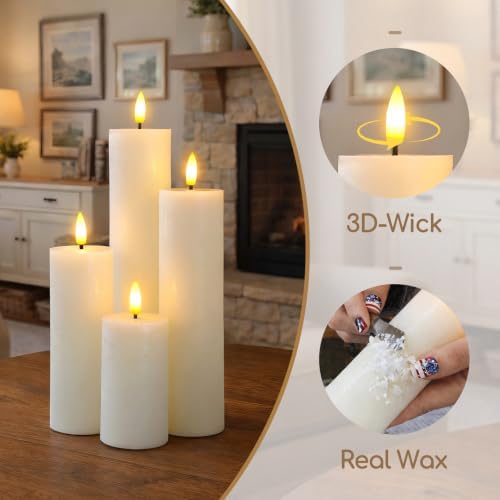 Flameless Real Wax Pillar LED Candles with Remote Control, Battery Operated Cycle Timer Ivory Pack of 4 Flickering 3D-Wick Warm Light for Indoor Home Decor (2.2" x 4" 6" 8" 10") - Image 2