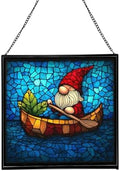 Gnome Canoe Ride Stained Glass Suncatcher – Square Hanging Window Panel for Home or Greenhouse – Whimsical Glass Art Gift for Garden Lovers, Christmas, Halloween, Father Days zv6fI0 by Custom