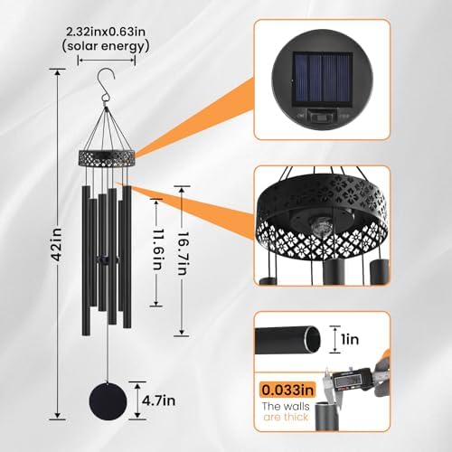42" Solar Deep Tone Wind Chimes for Outside Clearance, Solar Large Metal Windchimes for Loss of Loved One, Memorial Heavy Duty Chimes Outdoor for Garden,Sympathy Gifts,Black - Image 3