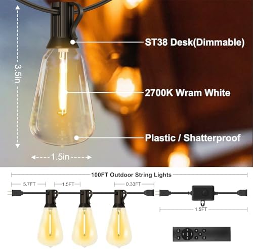 Outdoor String Lights 100FT with 64 Bulbs 1.5FT Spacing, 120W Dimmer,Remote - Image 5