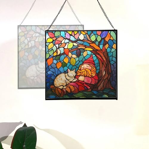 Gnome and Cat Nap Stained Glass Suncatcher – Square Hanging Window Panel for Home or Greenhouse – Whimsical Glass Art Gift for Garden Lovers, Christmas, Halloween, Father Days AV15Ti - Image 4