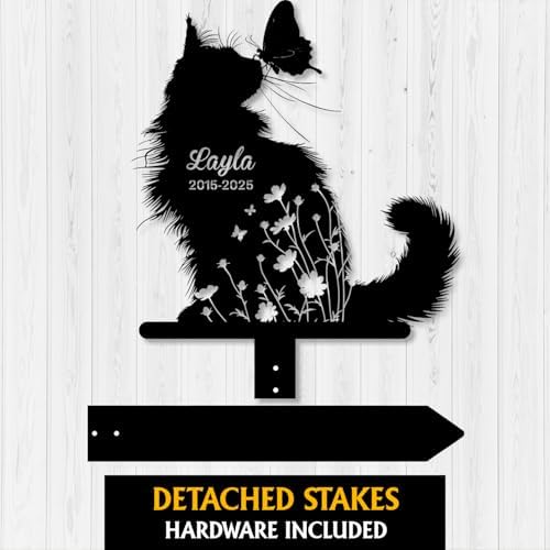 Custom Longhair Cat Memorial Stake, Floral Cat with Butterfly Grave Marker, Personalized Pet Loss Gift Metal Garden Plaque (Floral Cat With Butterfly) - Image 3