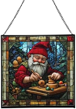 Gnome with Wooden Toys Stained Glass Suncatcher – Square Hanging Window Panel for Home, Garden, Nursery, Halloween, Christmas, Memorial Day – Whimsical Glass Art Gift for Gnome Lovers u59o41 by Custom