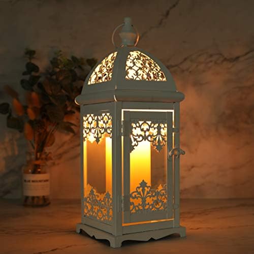 JHY DESIGN Filigree Decorative Candle Lantern 15''High Metal Candle Lanterns Vintage Style Hanging Lantern Decorations with Glass for Indoor Outdoor Events Parities Weddings (White) - Image 5
