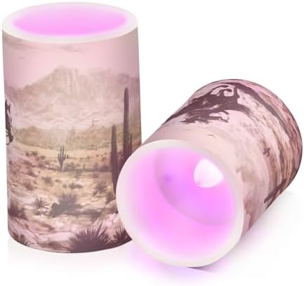 YETTASBIN Western Desert Cowboy Flameless Candles with Remote Control and Timer, Adjustable Brightness Long Lasting Battery Operated LED Pillar Candles for Indoor Outdoor Party Home Decor, 2 Pack - Image 2