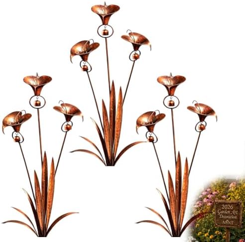 2026 Flamed Copper Three Calla Lilies Garden Stake with Bells, Handmade Metal Flower Rain Catcher Yard Art Decor, Weatherproof Rustic Wind Chime Outdoor Sculpture for Patio Lawn and Pathway Gift by Unknown