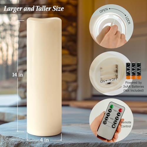 4" x 14" Large Waterproof Outdoor Flameless Candles Battery Operated LED Flickering Pillar Candles with Remote and Timer for Indoor Outdoor Lanterns, Off White, Long Lasting, Set of 2 - Image 4
