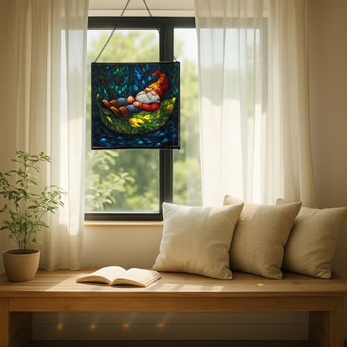 Floating Leaf Gnome Stained Glass Suncatcher – Square Hanging Window Panel for Home or Greenhouse – Whimsical Glass Art Gift for Garden Lovers, Christmas, Halloween, Father Days 1YKS2t - Image 7