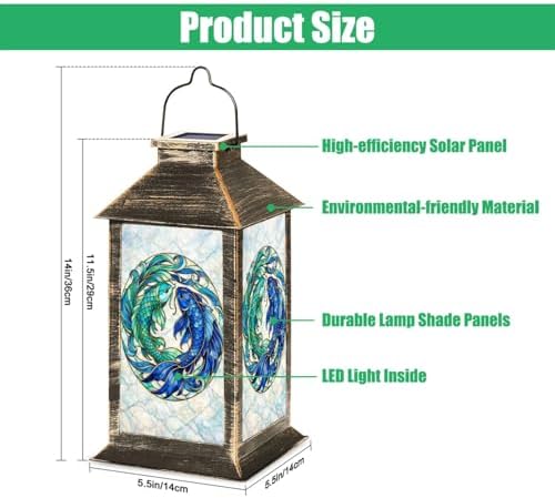 Solar Lantern Elegant Stained Glass Koi Fish Flowing Tails Turquoise Blue Outdoor Waterproof Hanging Solar Light Outside Lights for Patio Yard House Lawn Decor Birthday Gifts for Women Mom - Image 2