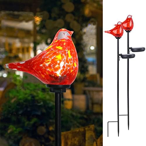 Solar Garden Stake, Hand-Blown Glass Cardinal Light Outdoor Garden Decor by Bshine