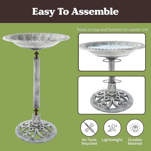 Outdoor Antique-Style Bird Bath - Weather-Resistant Polyresin Basin with Vintage Design and Ground Stakes - Yard and Patio Decor by Pure Garden (Gray) - Image 5