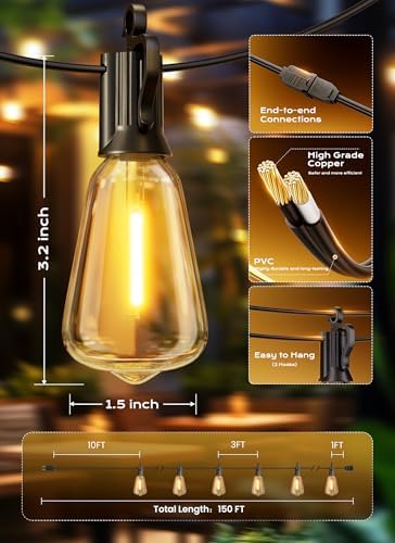 Brightown Outdoor String Lights, 150FT 47+2 LED ST38 LED Patio Lights Shatterproof, Dimmable IP65 Waterproof Connectable Hanging Outdoor Light for Backyard, Porch, Deck, Balcony - Image 7